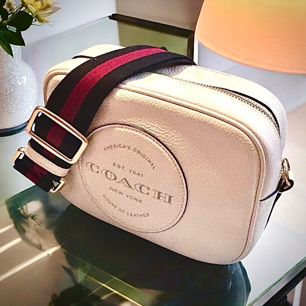 Coach Cream Crossbody Bag with Black and Burgundy Stripe Strap - Picture 2 of 16